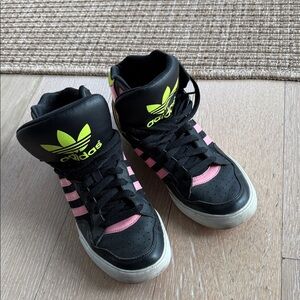 Adidas Black and Pink High-Tops with Neon Accents